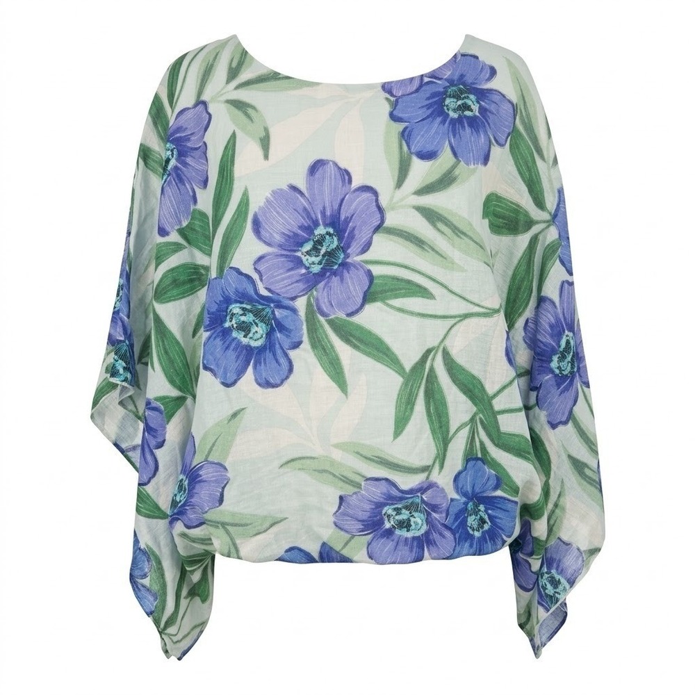 NEW Karen Kane 0X Linen Floral Kimono Sleeve Poncho Top Blue Green USA‎